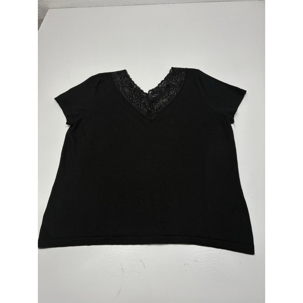 Kate‎ Hill WomenTank Top Lace Trim XL Beaded Black Silk Cashmere Short Sleeves